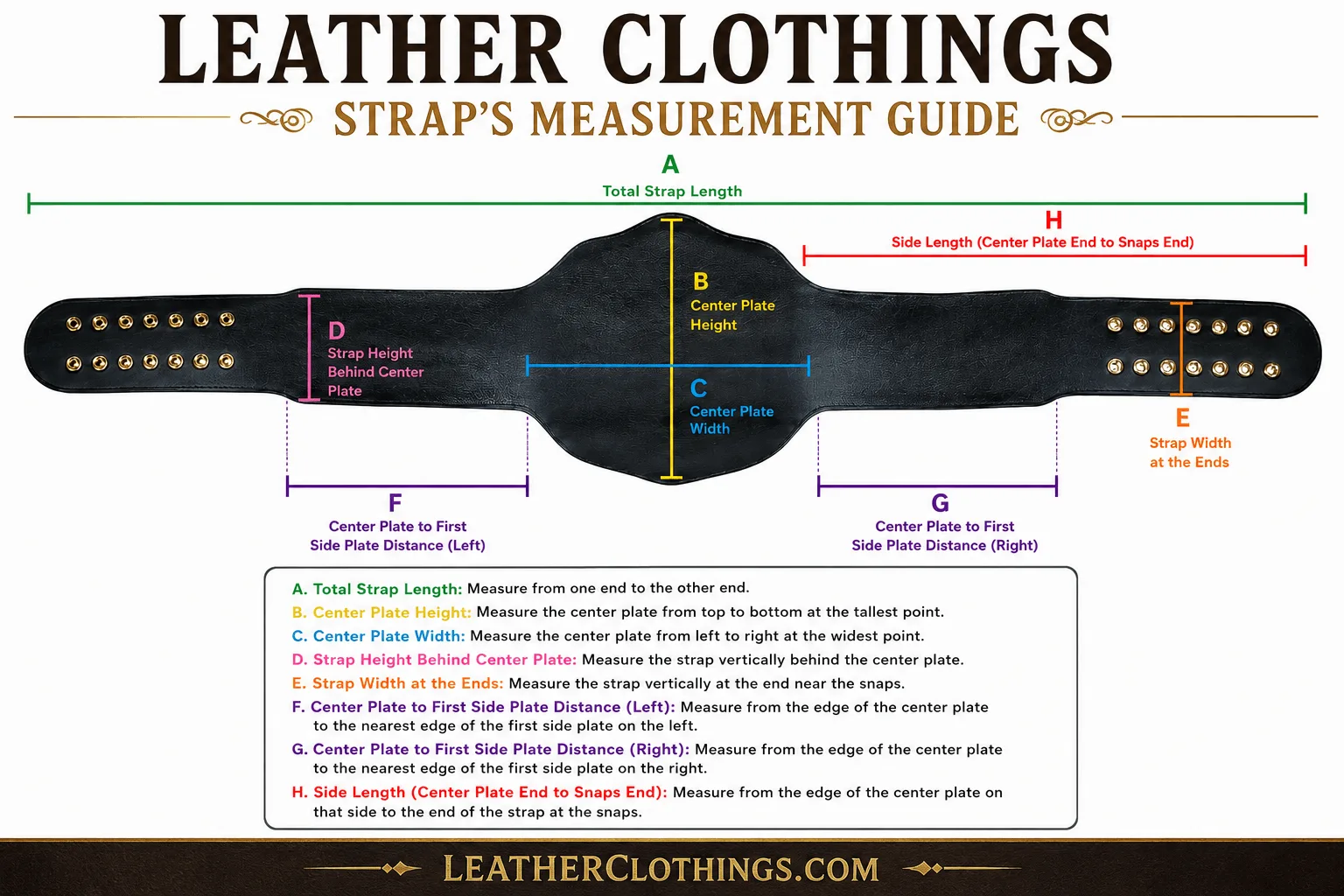 Leather Clothings title belt strap measurement guide showing A to H measurements for total strap length, center plate area, strap width, side plate spacing, and snap-end length.