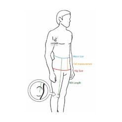 Men’s Scottish kilt measurement guide showing waist size, hip size, fell measurement, and kilt length diagram