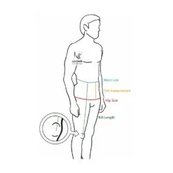 Men’s Scottish kilt measurement guide showing waist size, hip size, fell measurement, and kilt length diagram