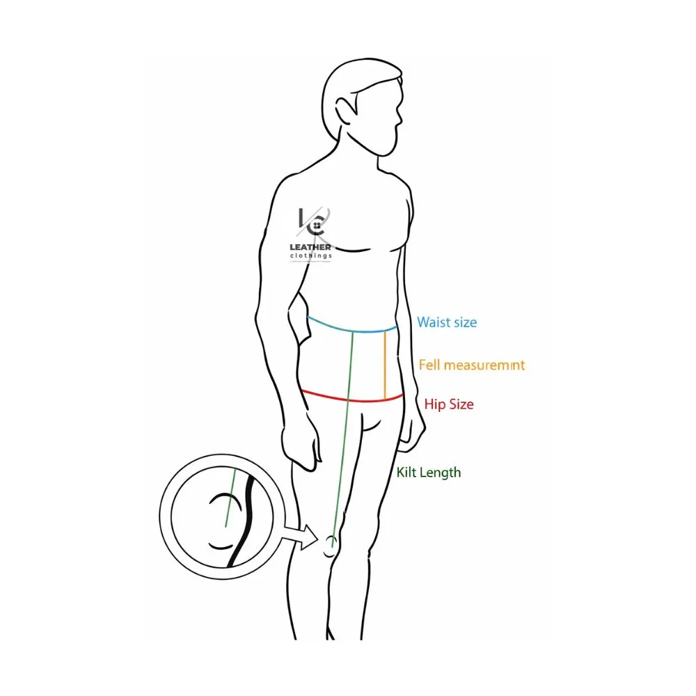 Men’s Scottish kilt measurement guide showing waist size, hip size, fell measurement, and kilt length diagram