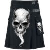 Men’s black Scottish utility kilt featuring devil skull design and tactical styling