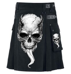 Men’s black Scottish utility kilt featuring devil skull design and tactical styling