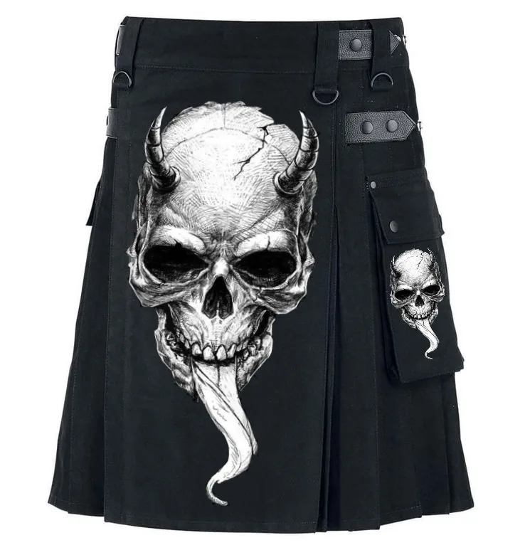 Men’s black Scottish utility kilt featuring devil skull design and tactical styling