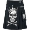 Men’s black utility kilt with crowned skull gothic design and tactical cotton fabric