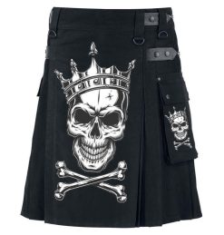 Men’s black utility kilt with crowned skull gothic design and tactical cotton fabric