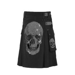 Men’s black utility kilt with rhinestone skull design in gothic style