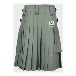 Men wearing green tactical utility kilt with pleated back and functional pockets