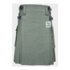 Men’s green Scottish utility cotton kilt with cargo pockets and adjustable waist straps