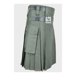 Green utility kilt for men made from durable cotton in modern Scottish style