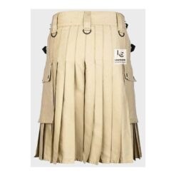 Men wearing khaki tactical utility kilt with adjustable waist straps and pleated back