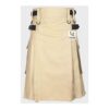 Men’s khaki Scottish utility cotton kilt with tactical straps and cargo pockets