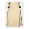 Men’s khaki Scottish utility cotton kilt with tactical straps and cargo pockets