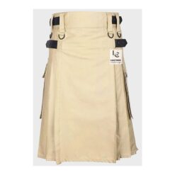 Men’s khaki Scottish utility cotton kilt with tactical straps and cargo pockets