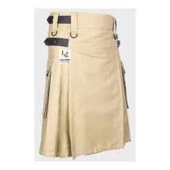 Khaki utility kilt for men featuring durable cotton fabric and modern Scottish design