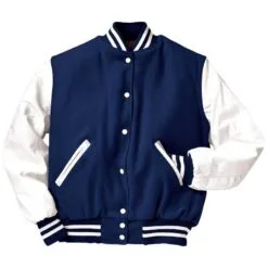 Blue Wool Varsity Jacket with White Leather Sleeves – Letterman Jacket