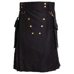 Men’s black Scottish utility cotton kilt with tactical straps and cargo pockets