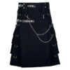 Men’s black Scottish utility cotton kilt with punk gothic design and modern detailing