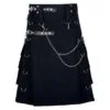 Men’s black Scottish utility cotton kilt with punk gothic design and modern detailing