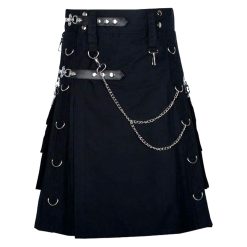 Men’s black Scottish utility cotton kilt with punk gothic design and modern detailing