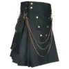 Men’s black Scottish utility cotton kilt deluxe with chain detail and tactical straps