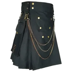 Men’s black Scottish utility cotton kilt deluxe with chain detail and tactical straps