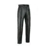 Men's black cowhide leather riding pants with classic five-pocket straight-leg design shown from front and back