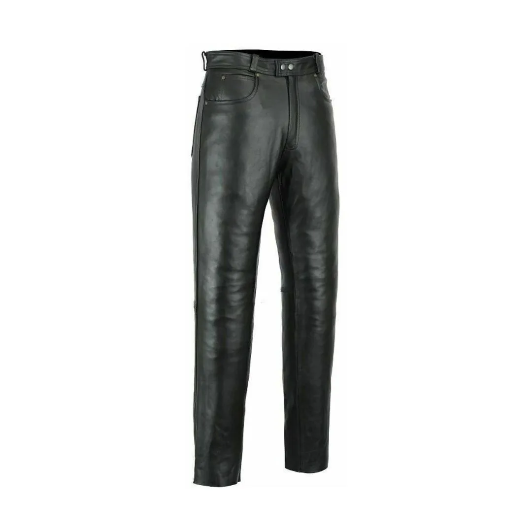 Men's black cowhide leather riding pants with classic five-pocket straight-leg design shown from front and back