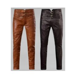 Men Brown Leather Pant With Buckle Belts MLP1B