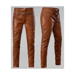 Men Brown Leather Pant With Buckle Belts MLP1B