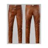 Men Brown Leather Pant With Buckle Belts MLP1B