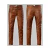 Men's tan cowhide leather riding pants with adjustable side buckles shown from front and back