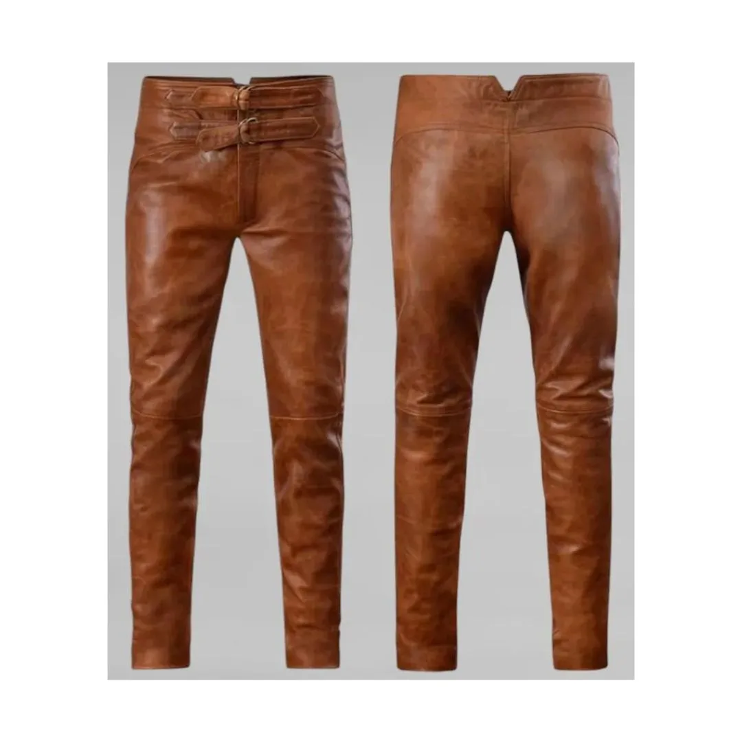 Men's tan cowhide leather riding pants with adjustable side buckles shown from front and back