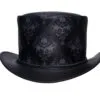 Black leather top hat with gothic skull damask pattern and steampunk styling
