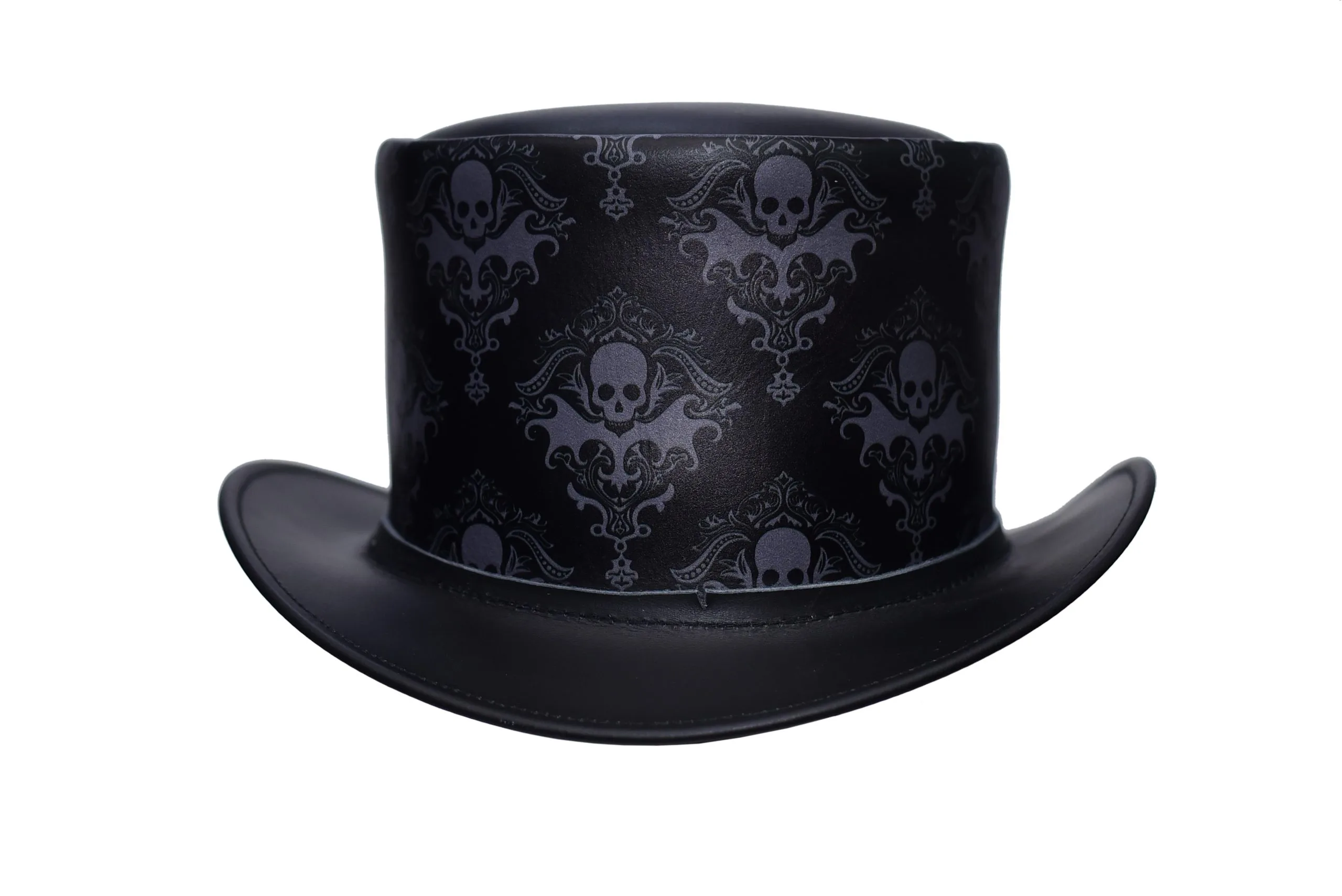 Black leather top hat with gothic skull damask pattern and steampunk styling