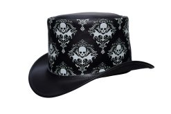 Skull Print Black Leather Top Hat
