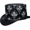 Black leather top hat with skull damask pattern and gothic Victorian design