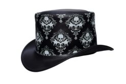 Skull Print Black Leather Top Hat