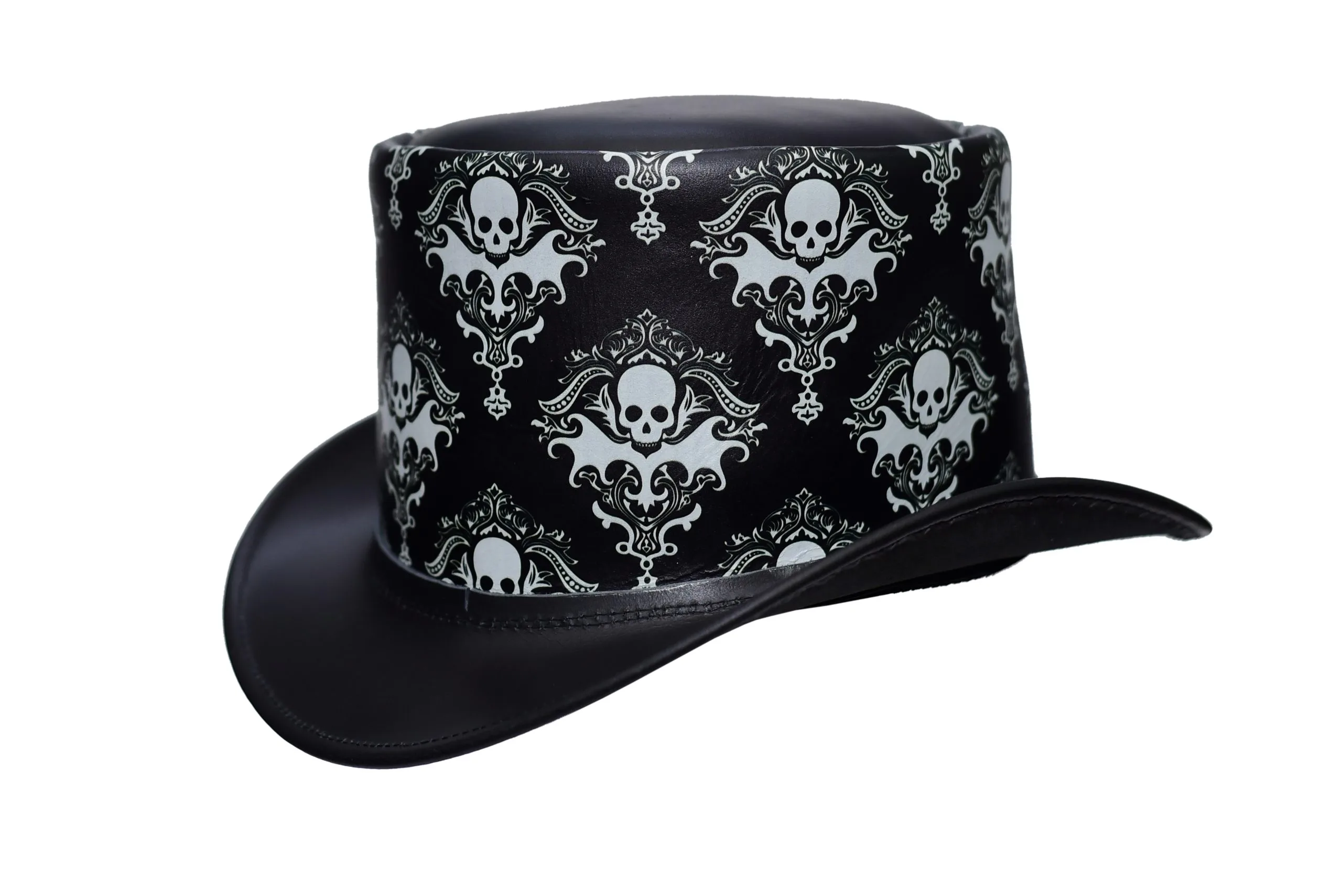 Black leather top hat with skull damask pattern and gothic Victorian design