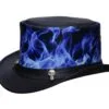 Black leather top hat with blue flame graphic design and skull accent on the band