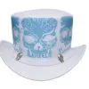 White leather top hat with blue skull print artwork and decorative skull accents