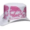 White top hat with pink skull artwork and gothic alternative design