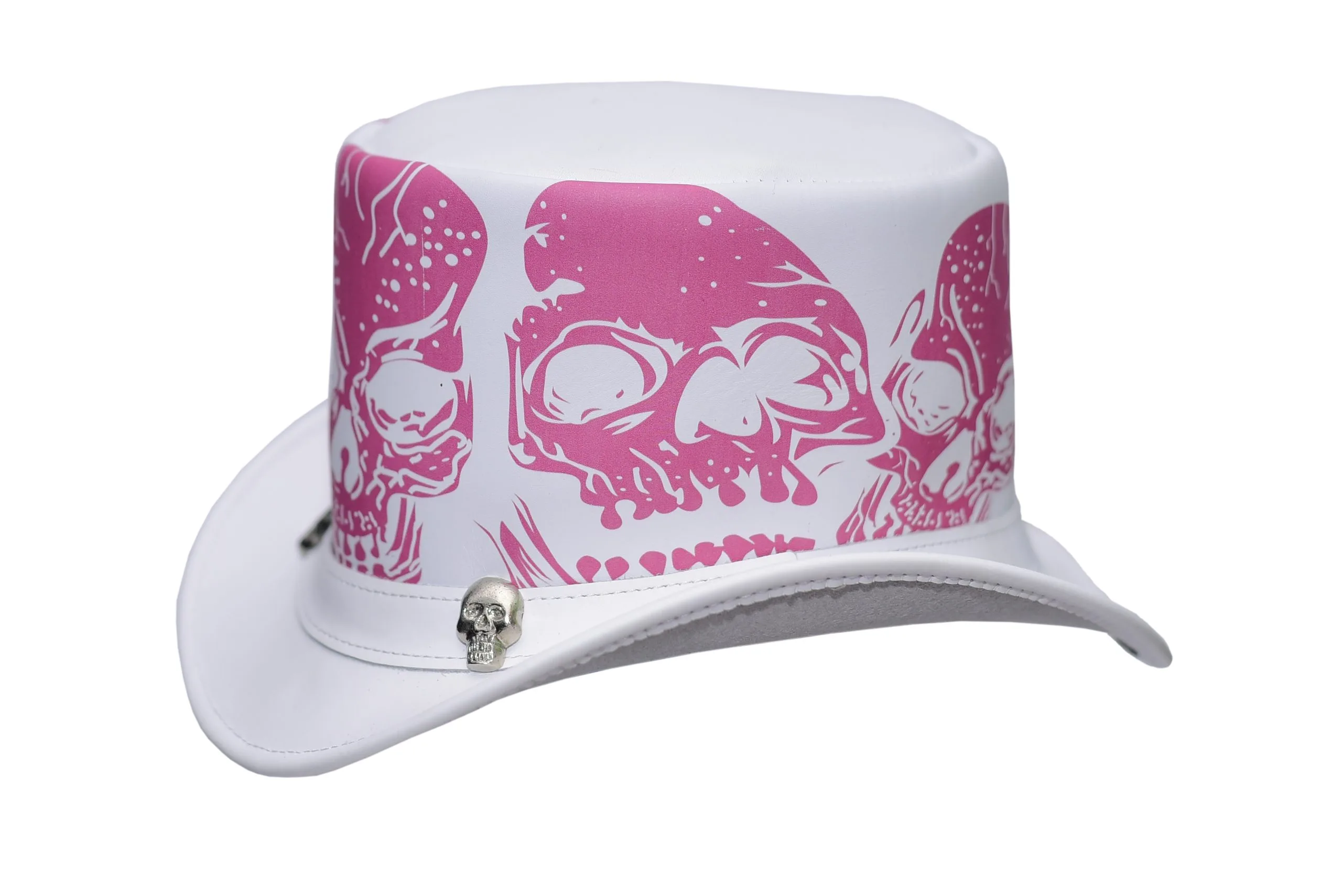 White top hat with pink skull artwork and gothic alternative design