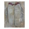 Men’s gray suede cowboy chaps with fringe and adjustable waistband