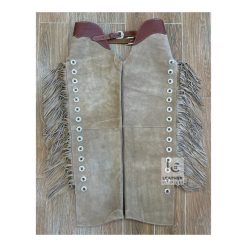 Men’s gray suede cowboy chaps with fringe and adjustable waistband