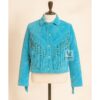 Vintage Vibes Beaded Blue Suede Fringe Jacket BFJ33
