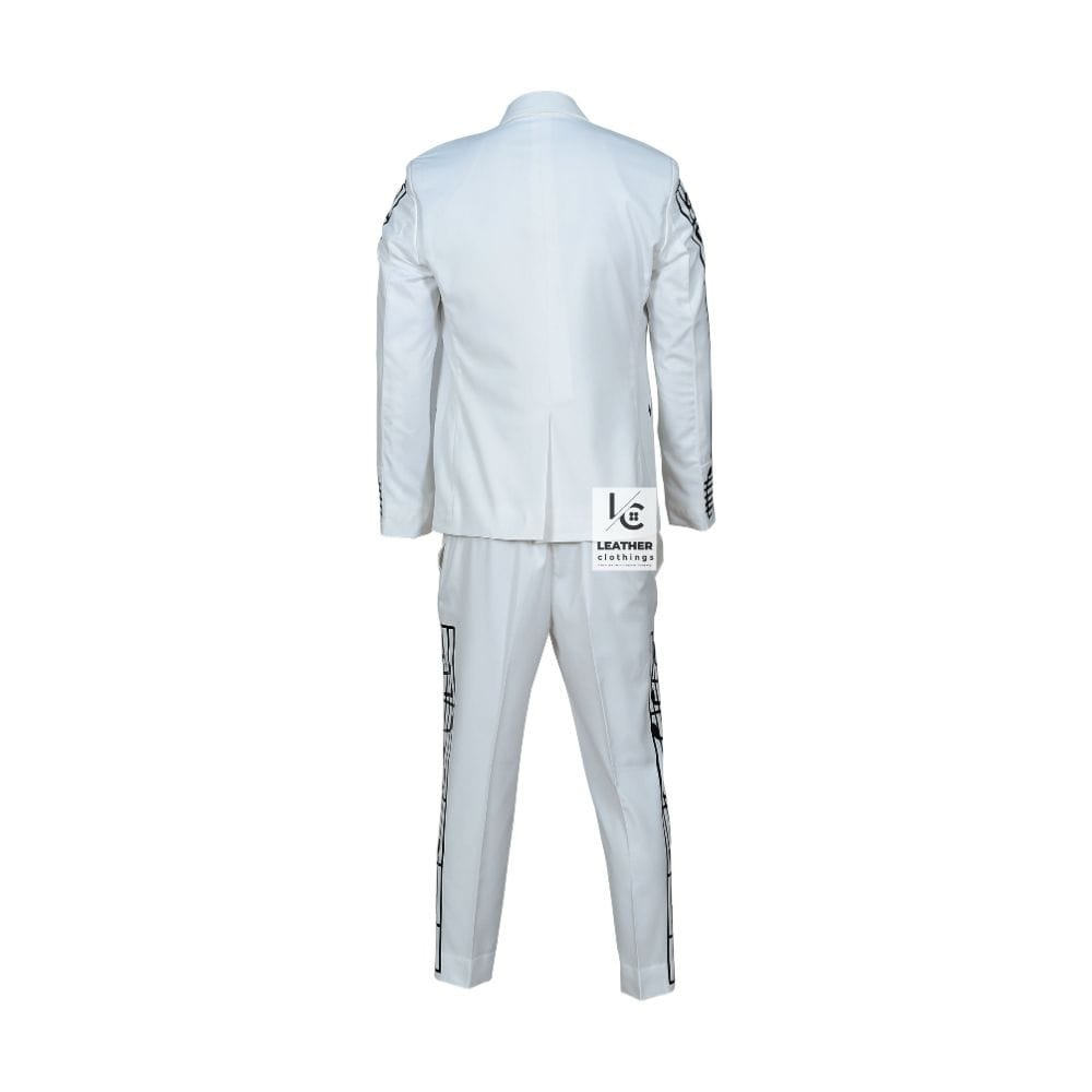 Men’s white musical note suit with embellished blazer and pants