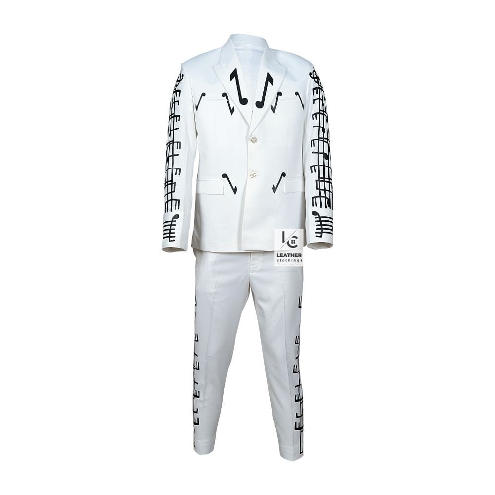 Men’s white musical note suit with embellished blazer and pants