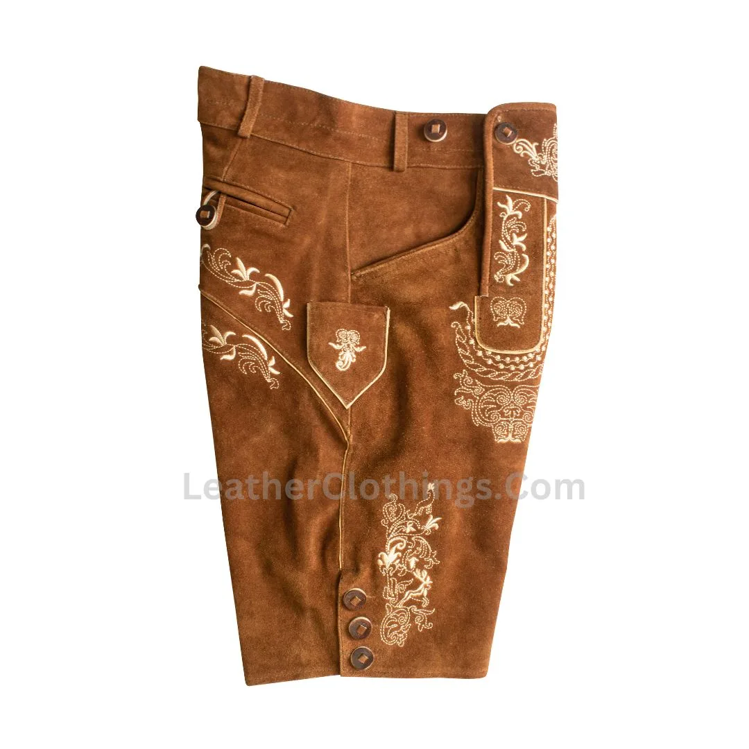 Side view of Trachten Short Lederhosen Real Shaded Brown showing embroidered knife pocket and decorative leg buttons