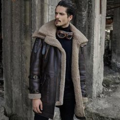 Shearling Bomber Jacket Men - Fur Long Coat - Vintage Bomber Coat