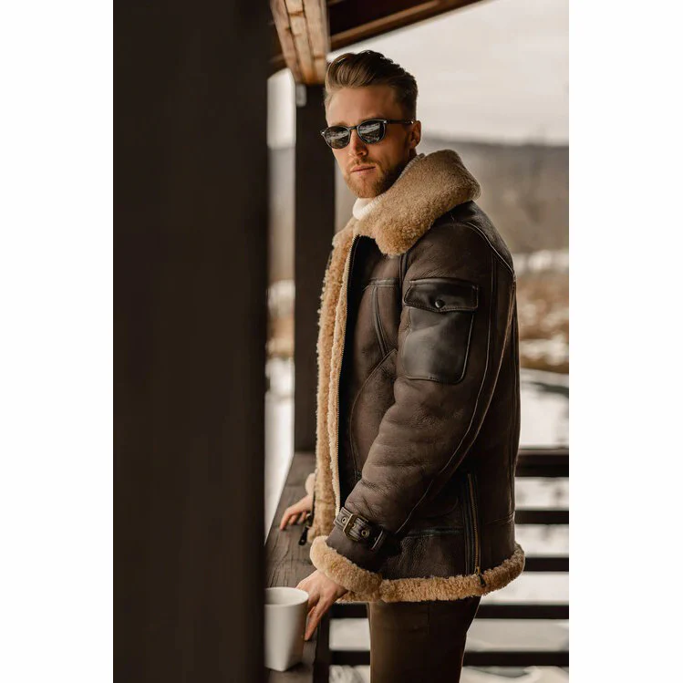Men’s B3 Shearling Leather Jacket - Vintage Aviator Bomber Coat | MSJ4 - Image 7